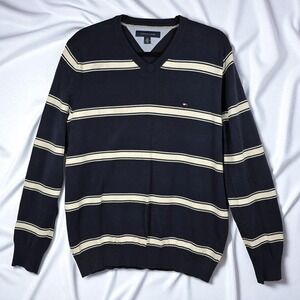 Tommy Hilfiger‎ Mens Sweater Large V Neck Striped Navy Blue Cotton Knit